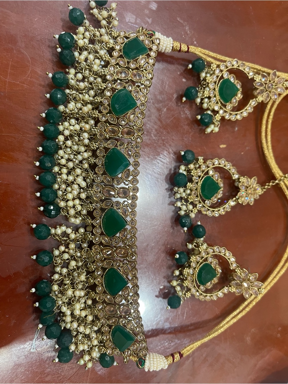 Green Stone and Pearl Bridal Necklace Set - Women Jewelry